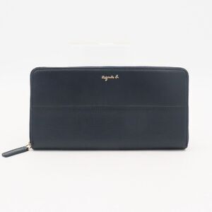 Agnis B Voyage Wallet Navy Blue Leather Zip Around‎ Textured Inner Divider